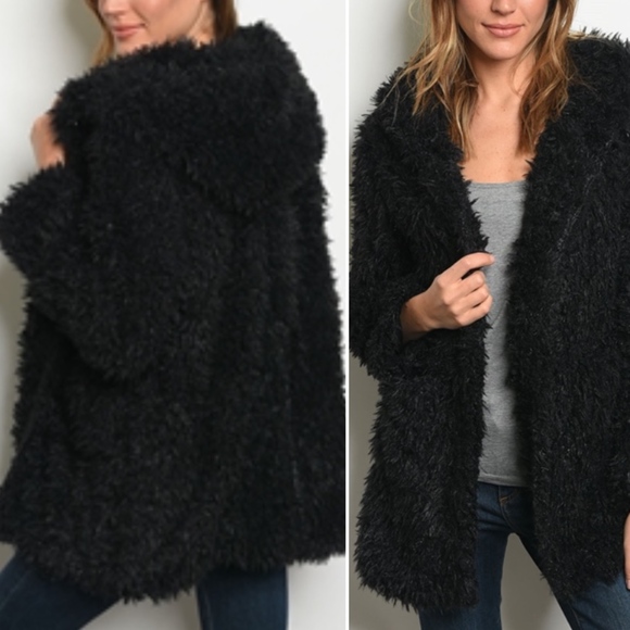 Trend Setter Diva boutique Jackets & Blazers - BUTTON CLOSURE HOODED SHAGGY BLACK FAUX COAT